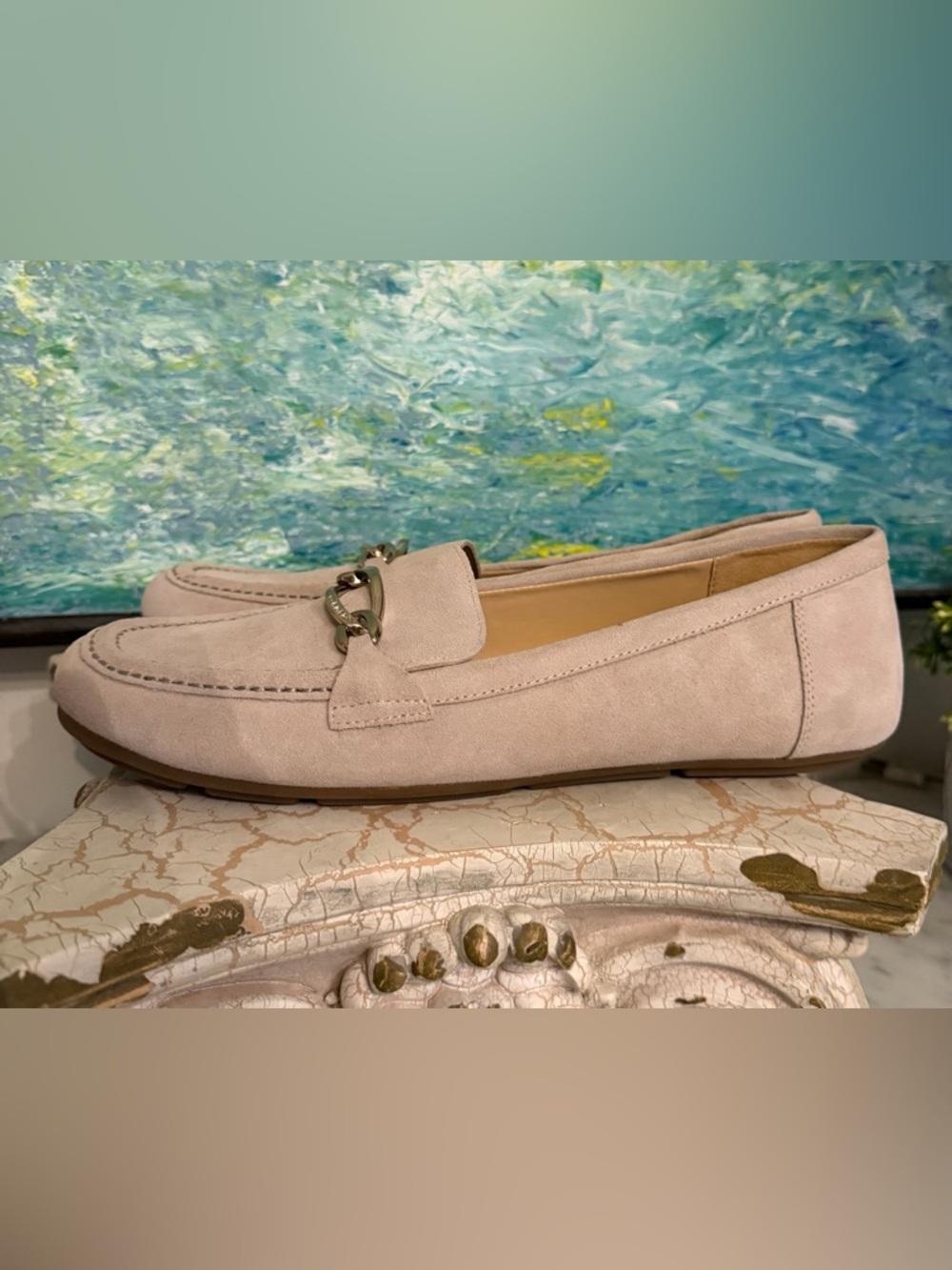 Calvin Klein Lenika Loafers in Light Beige Suede with Chain Accent - Picture 5 of 7